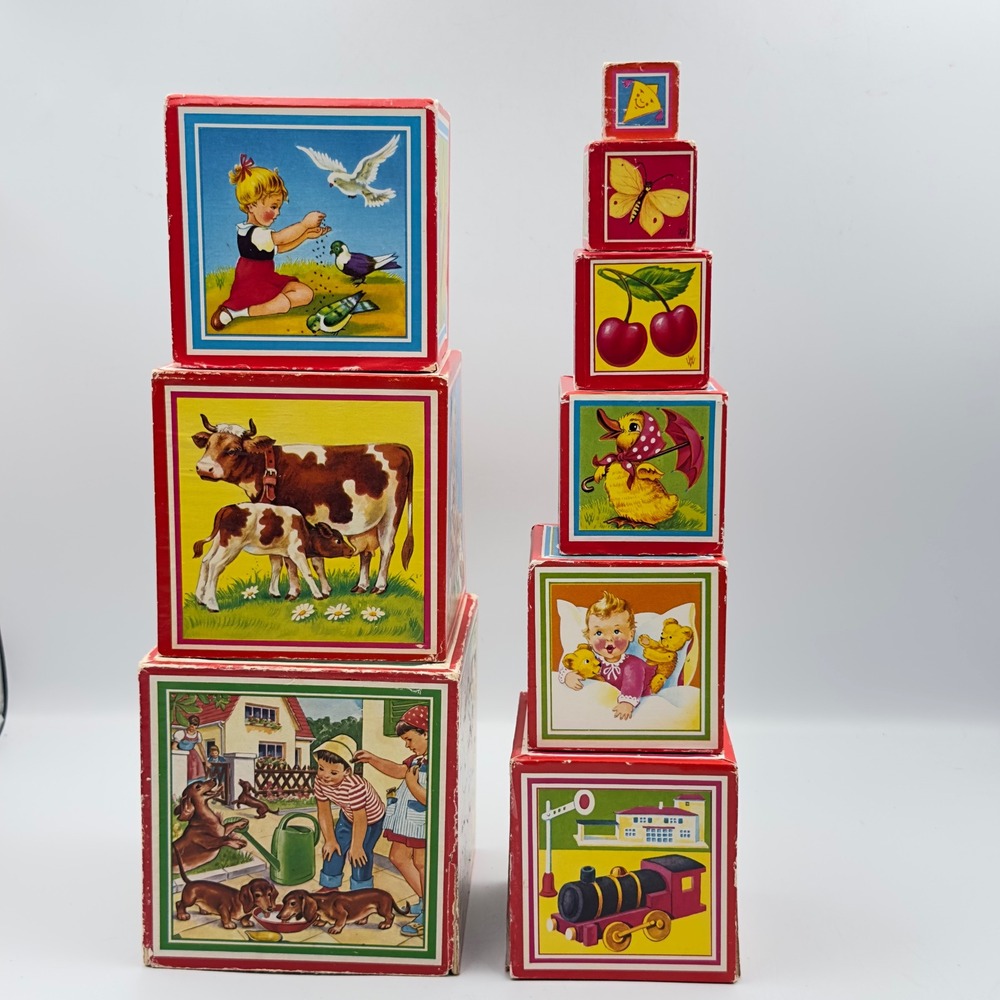 Vintage Mid Century Nesting Stacking‎ Blocks Cardboard Animal Illustrations 9pc